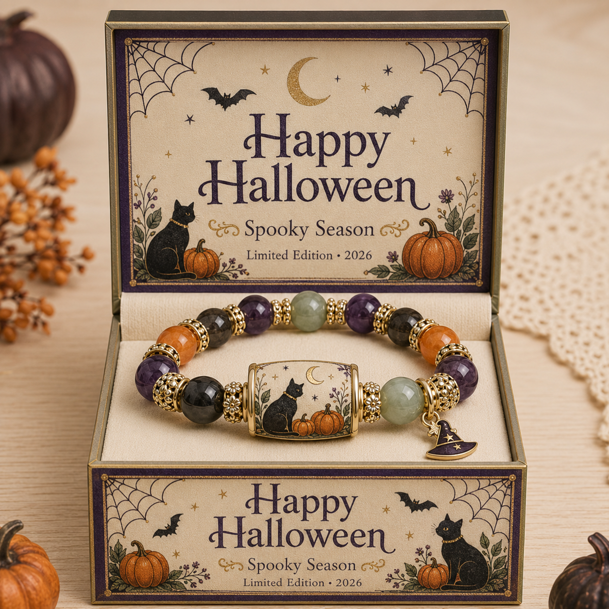 Limited Edition 2026 Halloween Black Cat Pumpkin Beaded Bracelet Gift Set
