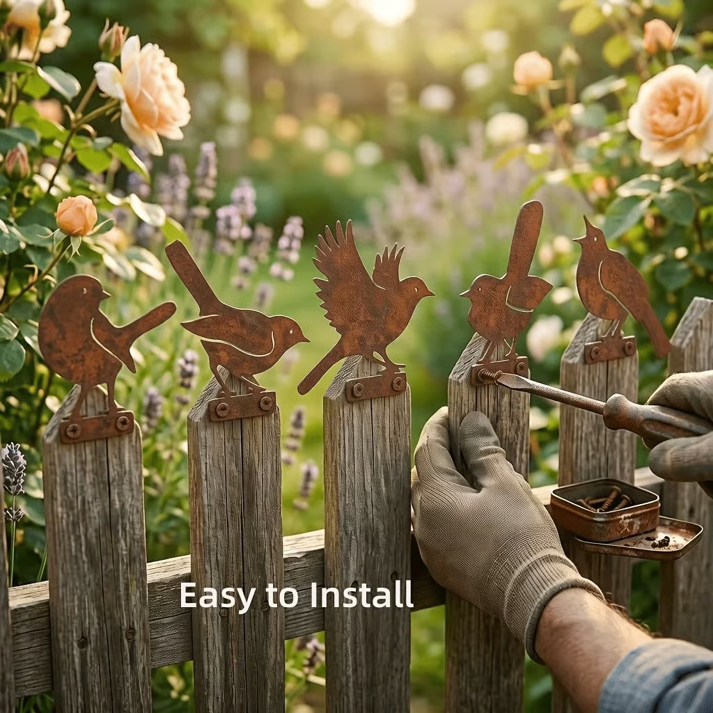 Rustic Metal Bird Garden Stakes – Weather-Resistant Outdoor Bird Fence Decor