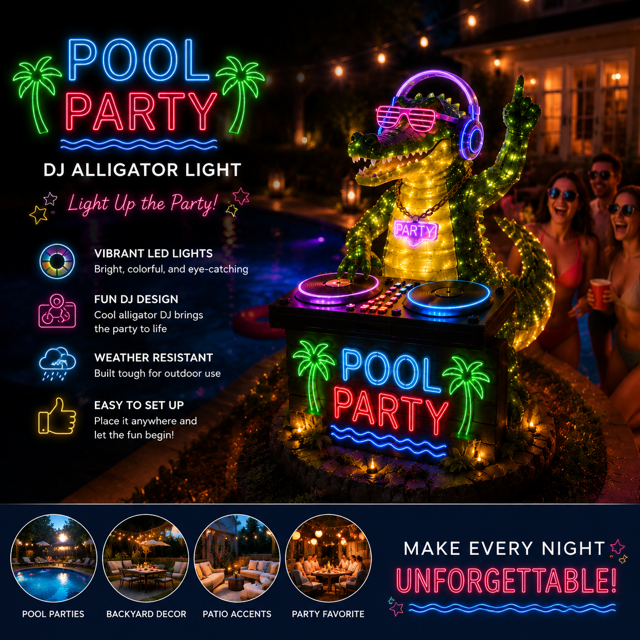 🐊Neon Pool Party DJ Crocodile Garden Light – Outdoor Party Sculpture with LED Glow Decor