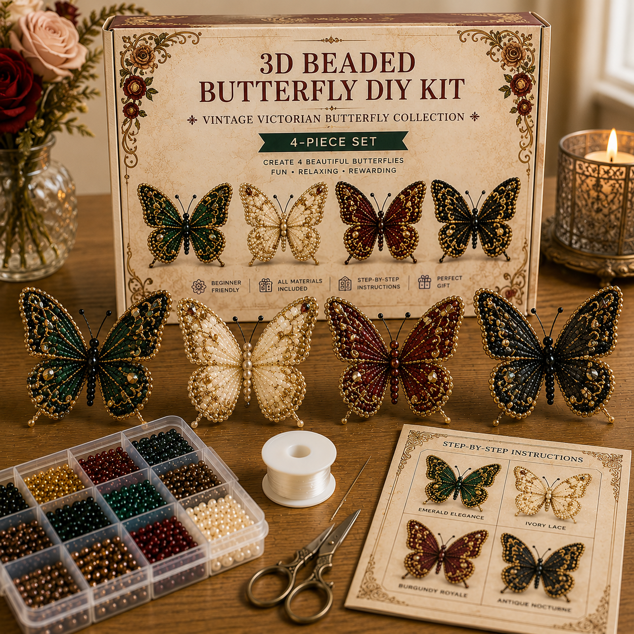 3D Beaded Butterfly DIY Kit – 4-Piece Handmade Butterfly Craft Set