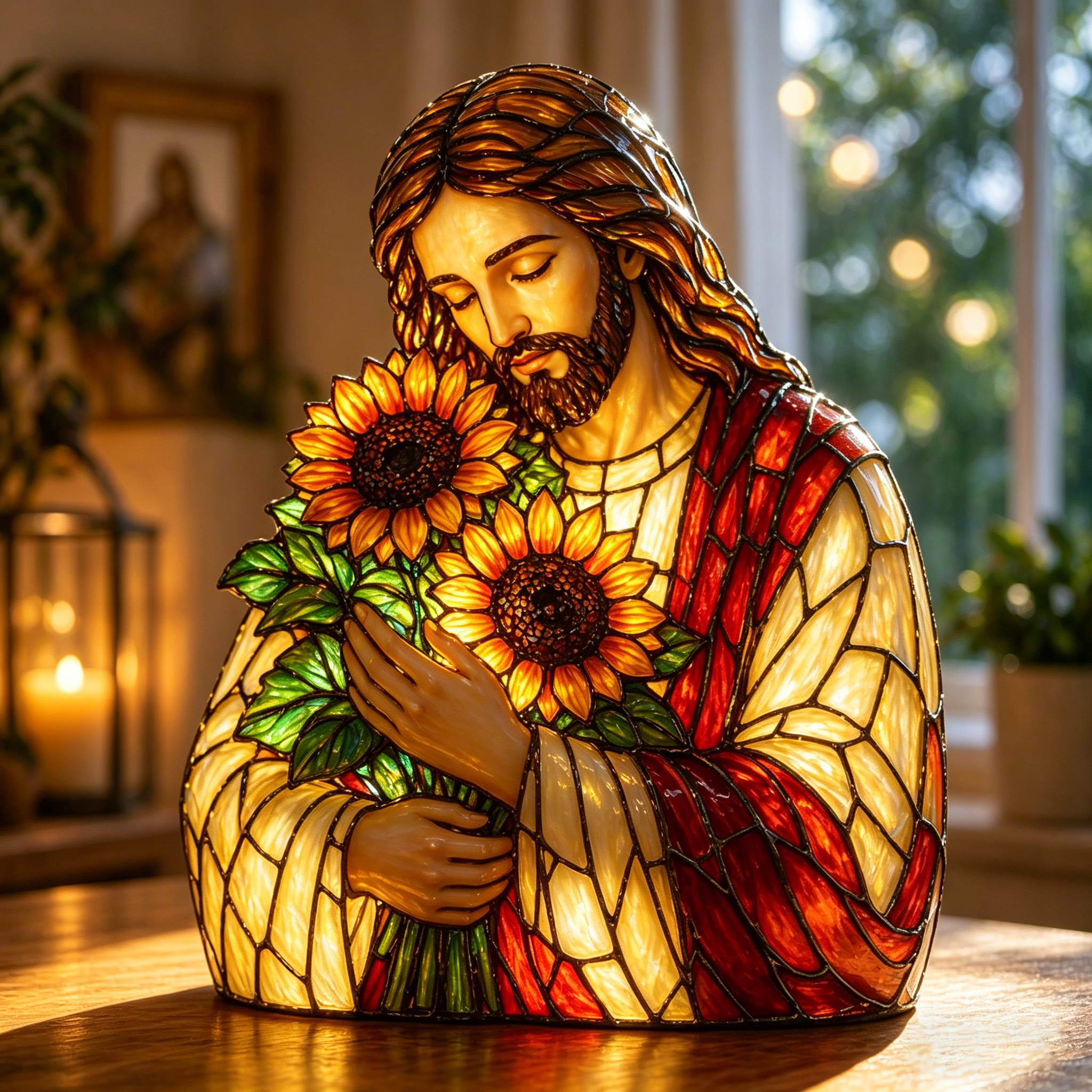 Jesus Sunflower Stained Glass Style Lamp – Christian Decorative Night Light