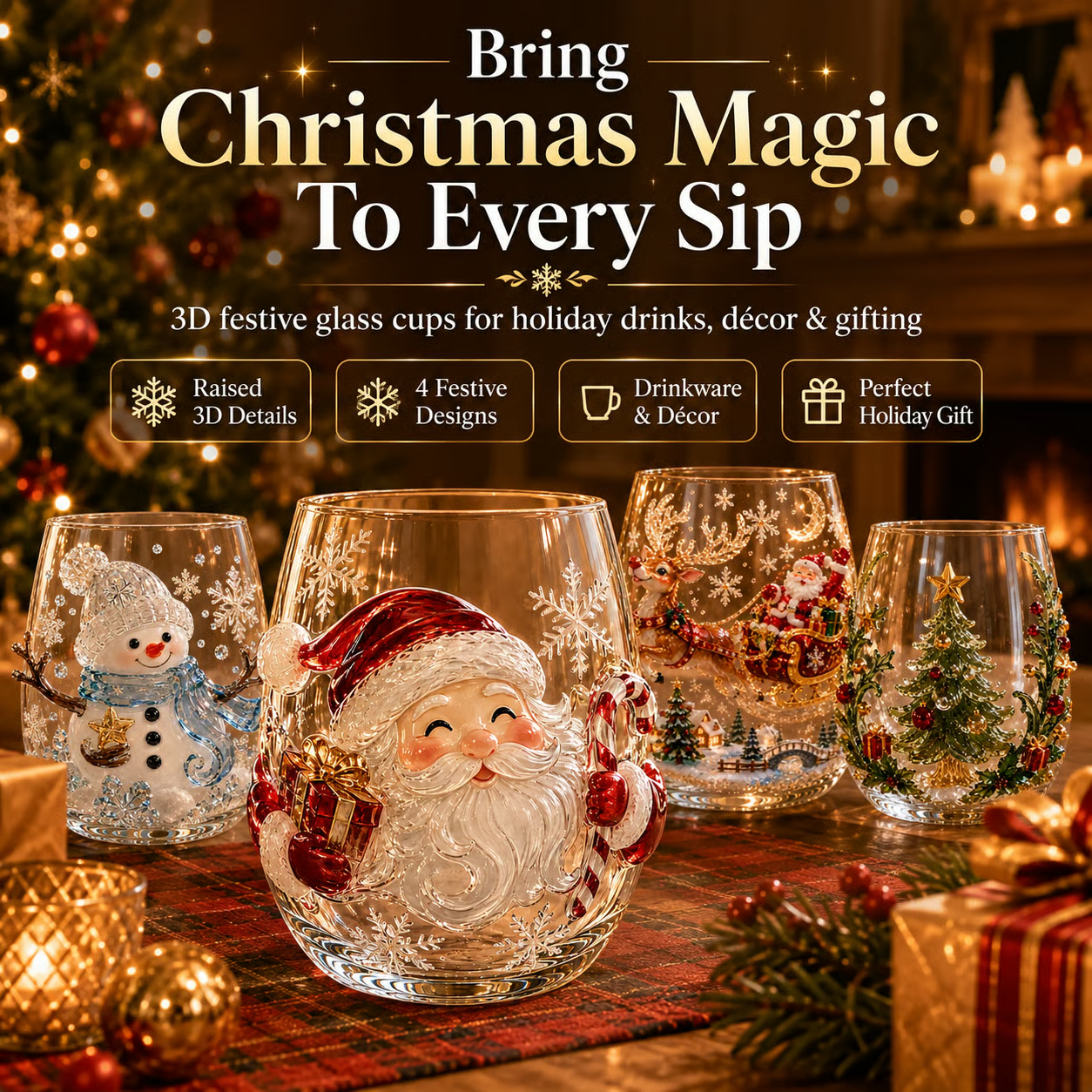 Magical Christmas 3D Glass Cup Collection – Santa, Reindeer, Snowman & Christmas Tree