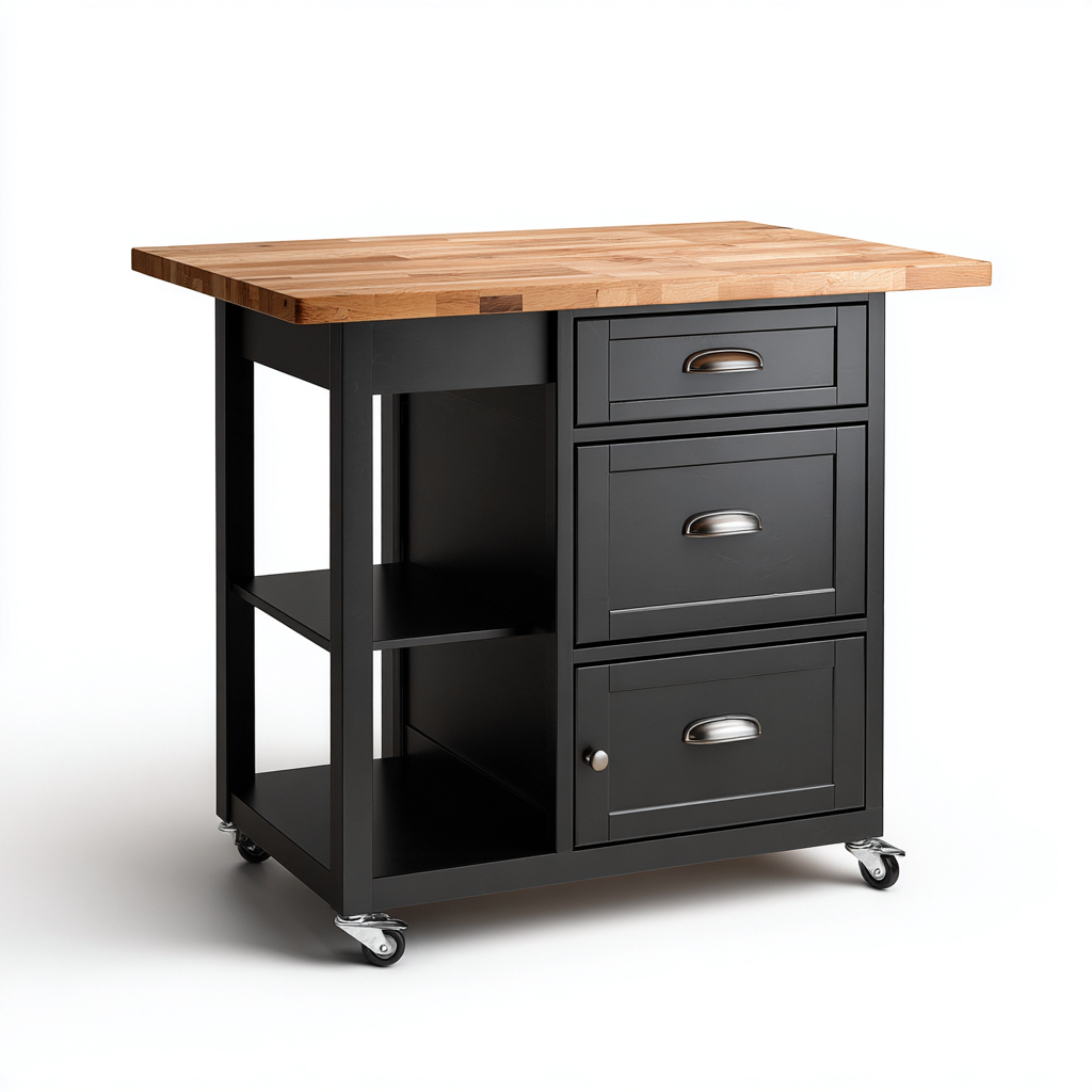Kücheninsel Holz - Metall 118x63x92 cm Schwarz mit Stauraum für Küche - mobil - modernes Design-Denmyden