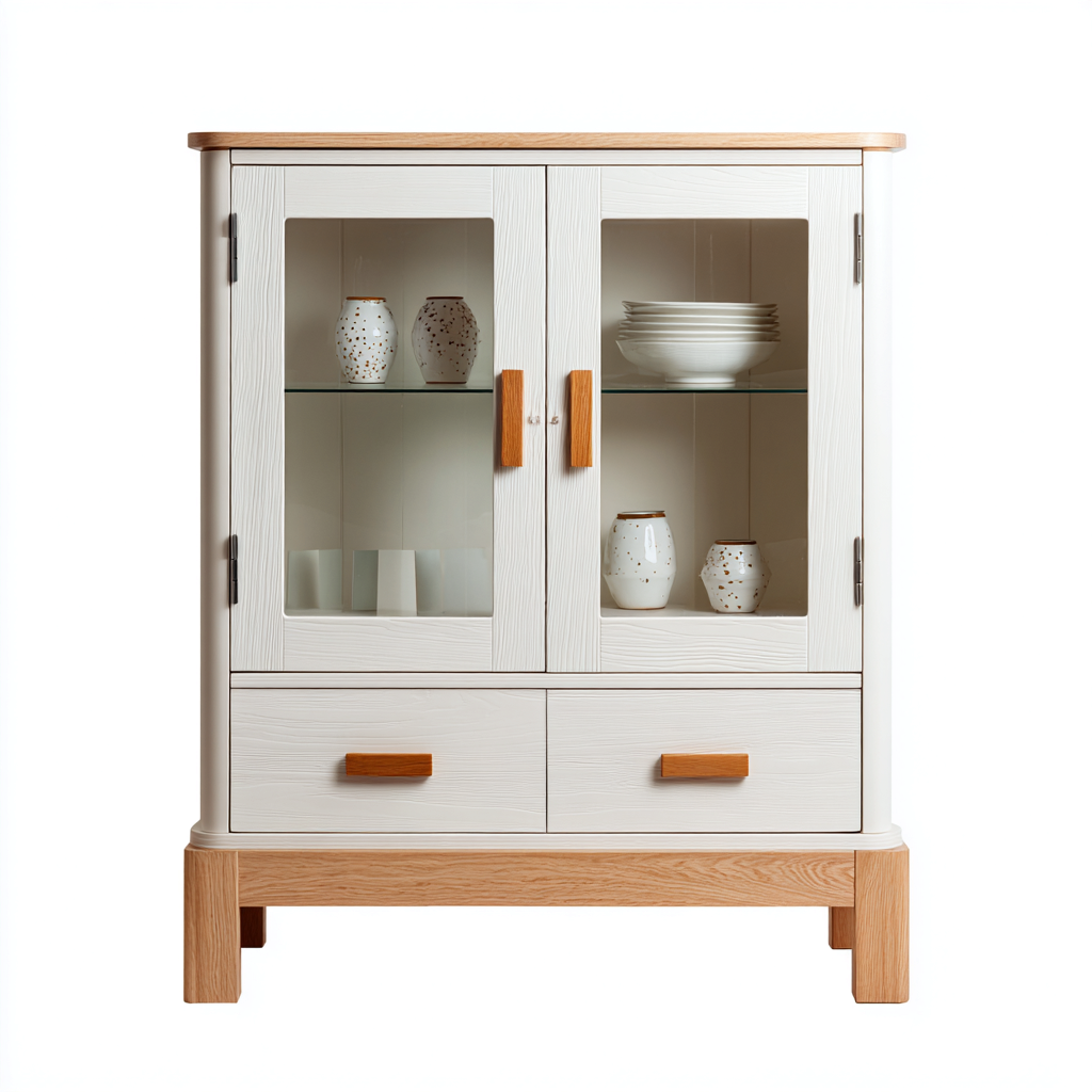 Küchenschrank Holz Glas 95x42x150 cm - Weiss - Natur - Modernes Design - Für Küche geeignet-Denmyden