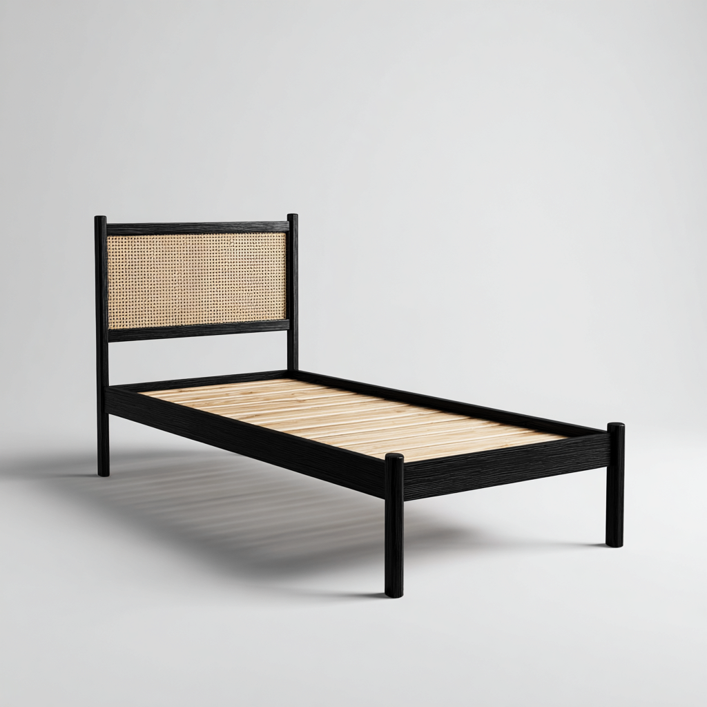 Letto singolo legno naturale 200x90x95 cm - Nero - Camera - Design moderno con testiera intrecciata-Homiupbase