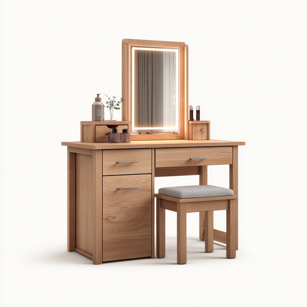 Toeletta con specchio LED in legno 110x45 cm - rovere naturale - design moderno per camera da letto-Homiupbase