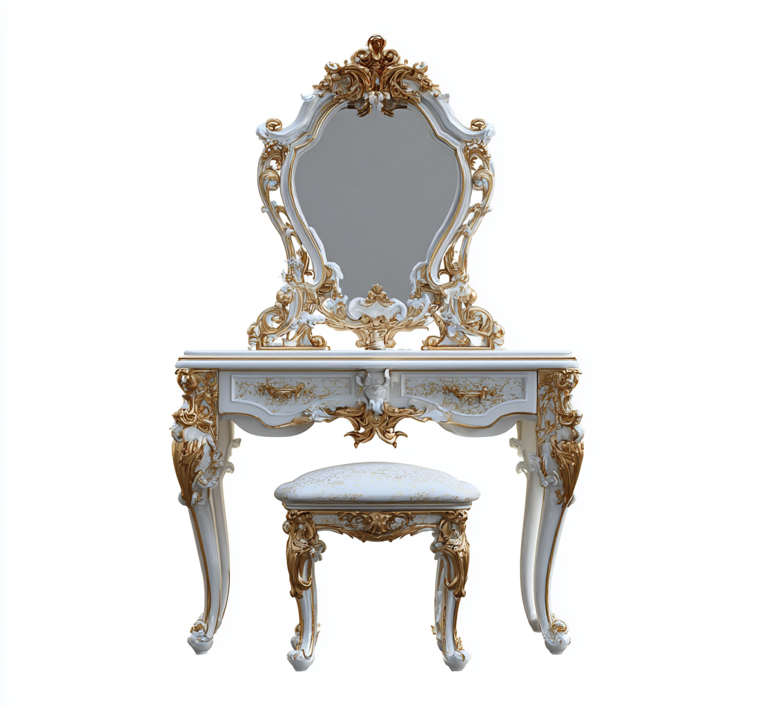 Toeletta con specchio stile classico in legno 120x45 cm - bianco e oro - design barocco per camera da letto-Homiupbase