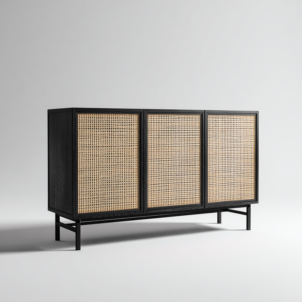 Buffet-bois-rotin-150x40x85 cm-noir-beige-style contemporain-Bamboogopad