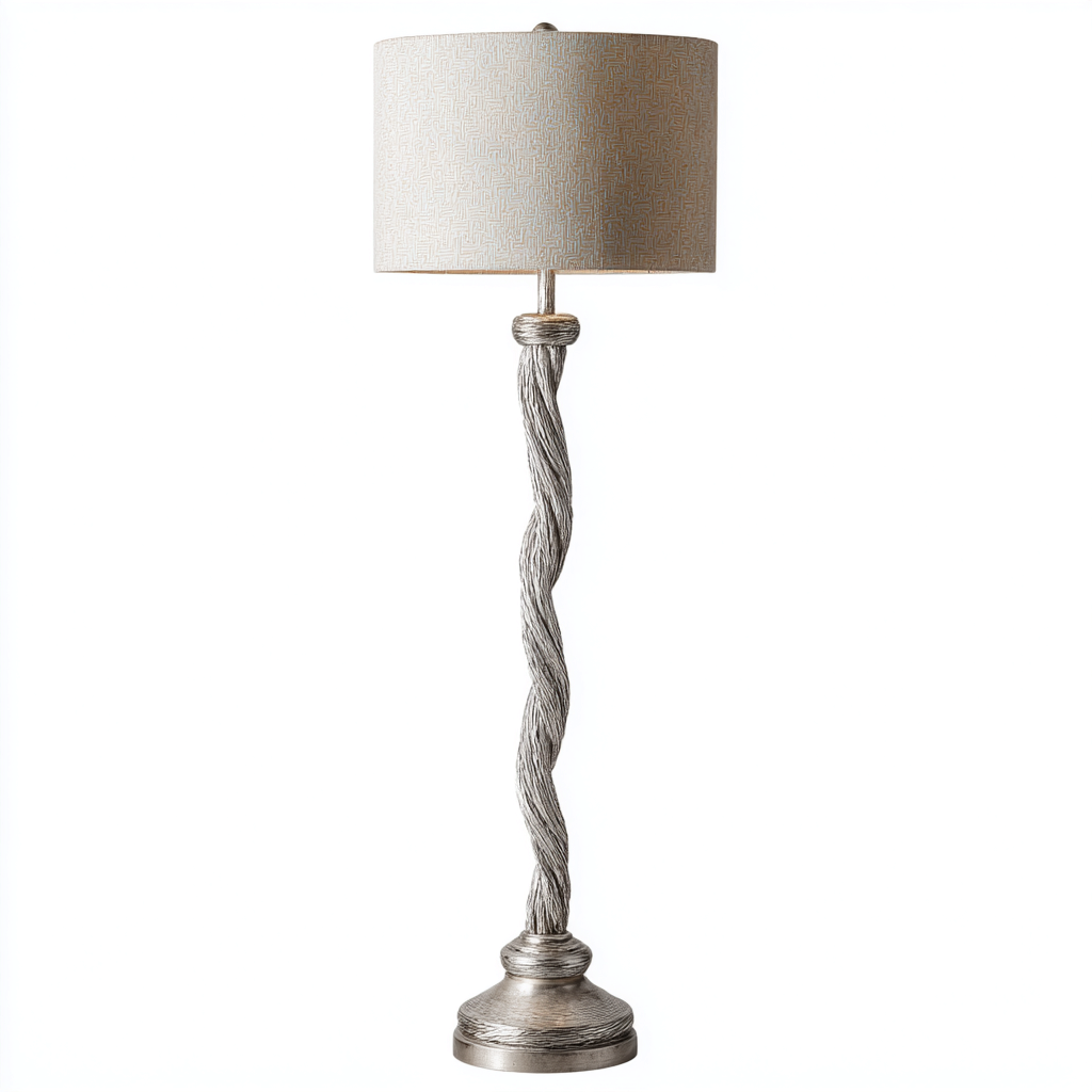 Lampadaire métal argenté avec pied torsadé et abat-jour en tissu 45x45x165 cm - argent-beige - design classique-Bamboogopad