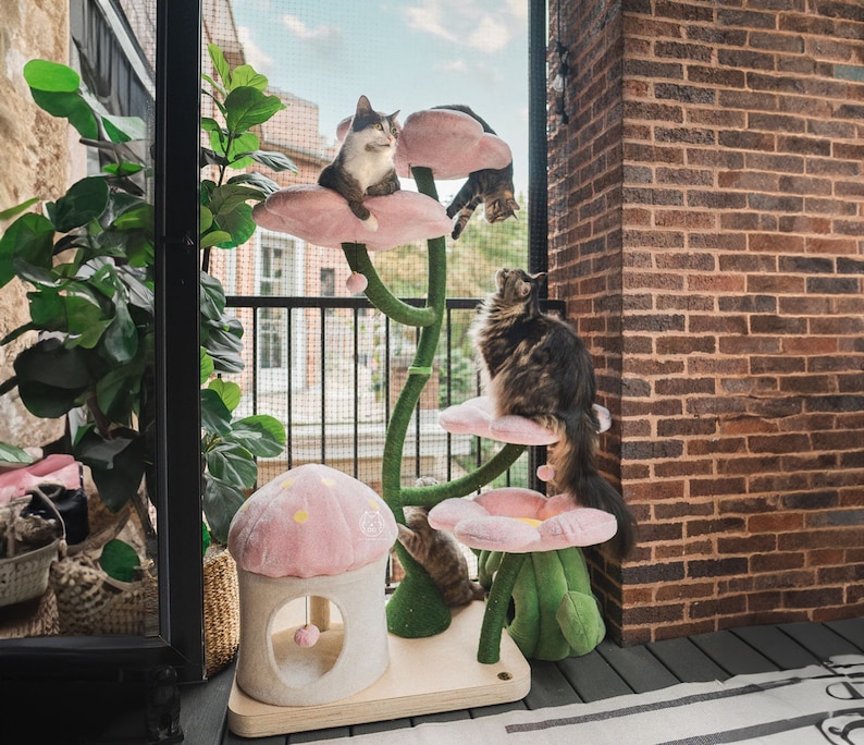 Wood Floral Cat Tree Tower, Wooden Cat Tower, Modern Cat Climbing Tree, Cat Furniture, Cat Gift, Luxury Cat Condo, Flower Cat Tree, Large, J