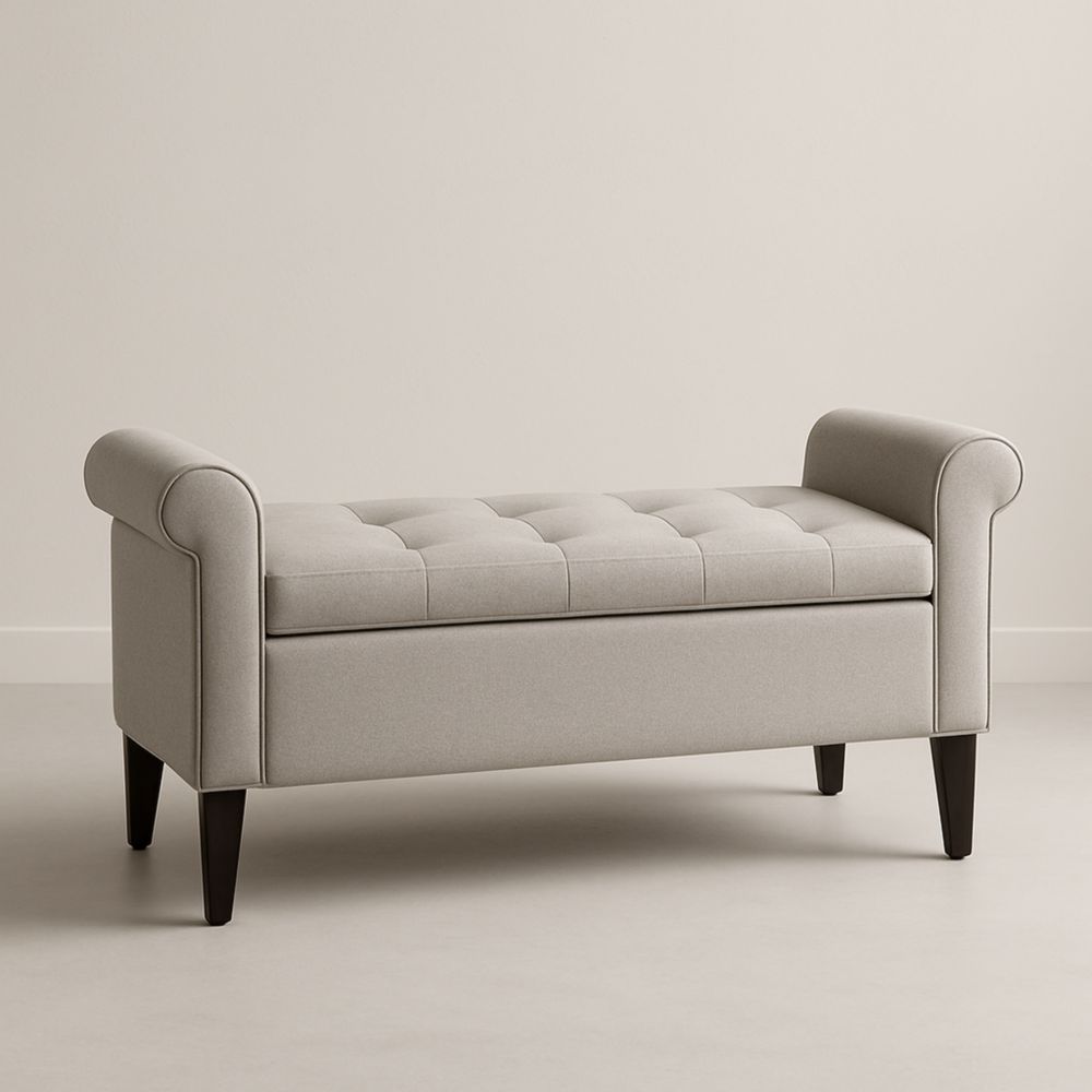 Banc gris en tissu polyester avec pieds en bois