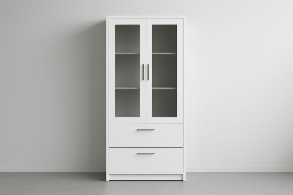 Vitrine en MDF blanc avec portes en verre trempé