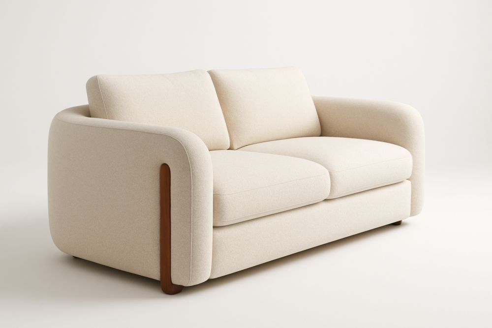 Canapé deux places en tissu polyester beige avec pieds en bois massif-Valenorawood