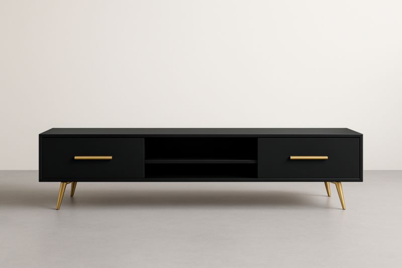 Meuble TV en Bois Noir avec Pieds en Métal Doré-Valenorawood