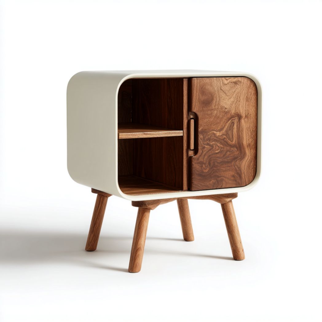 Table de Chevet avec Compartiments en Bois de Noyer et Pieds en Chêne - Blanc et Marron-Oliverfurnitureft