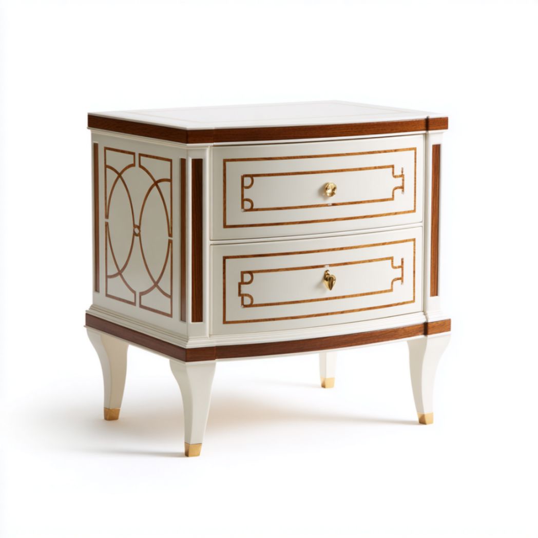 Table de Chevet à 2 Tiroirs en Bois de Bouleau et Placage de Noyer - Blanc et Doré-Oliverfurnitureft