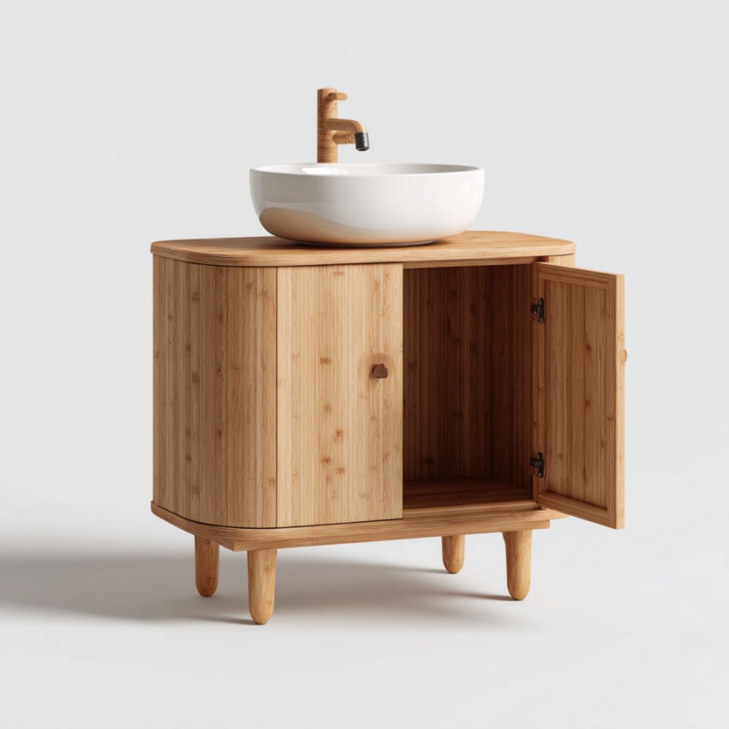 Meuble de Salle de Bain à 2 Portes en Bambou  avec Vasque en Céramique - Naturel-Oliverfurnitureft