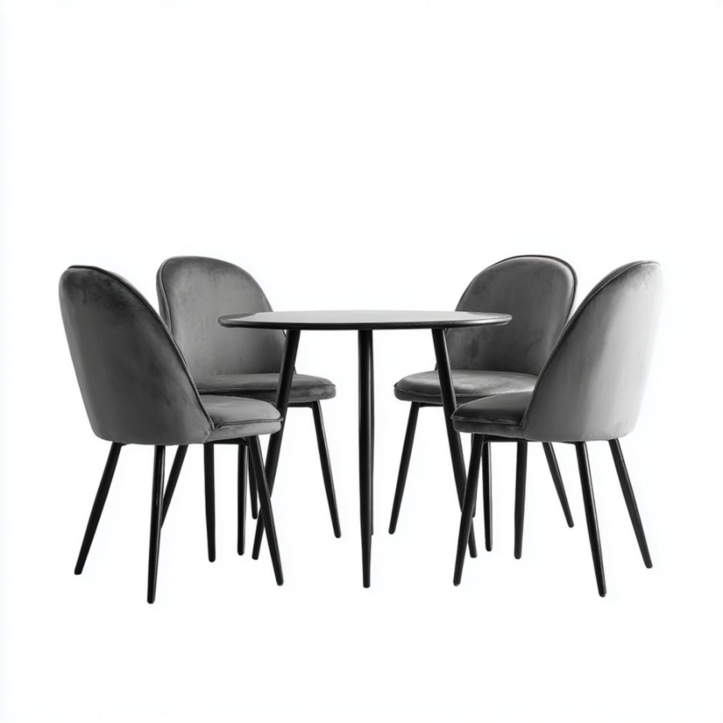 Table ronde avec chaises en velours – Plateau en bois et pieds en métal noir-Oliverfurnitureft