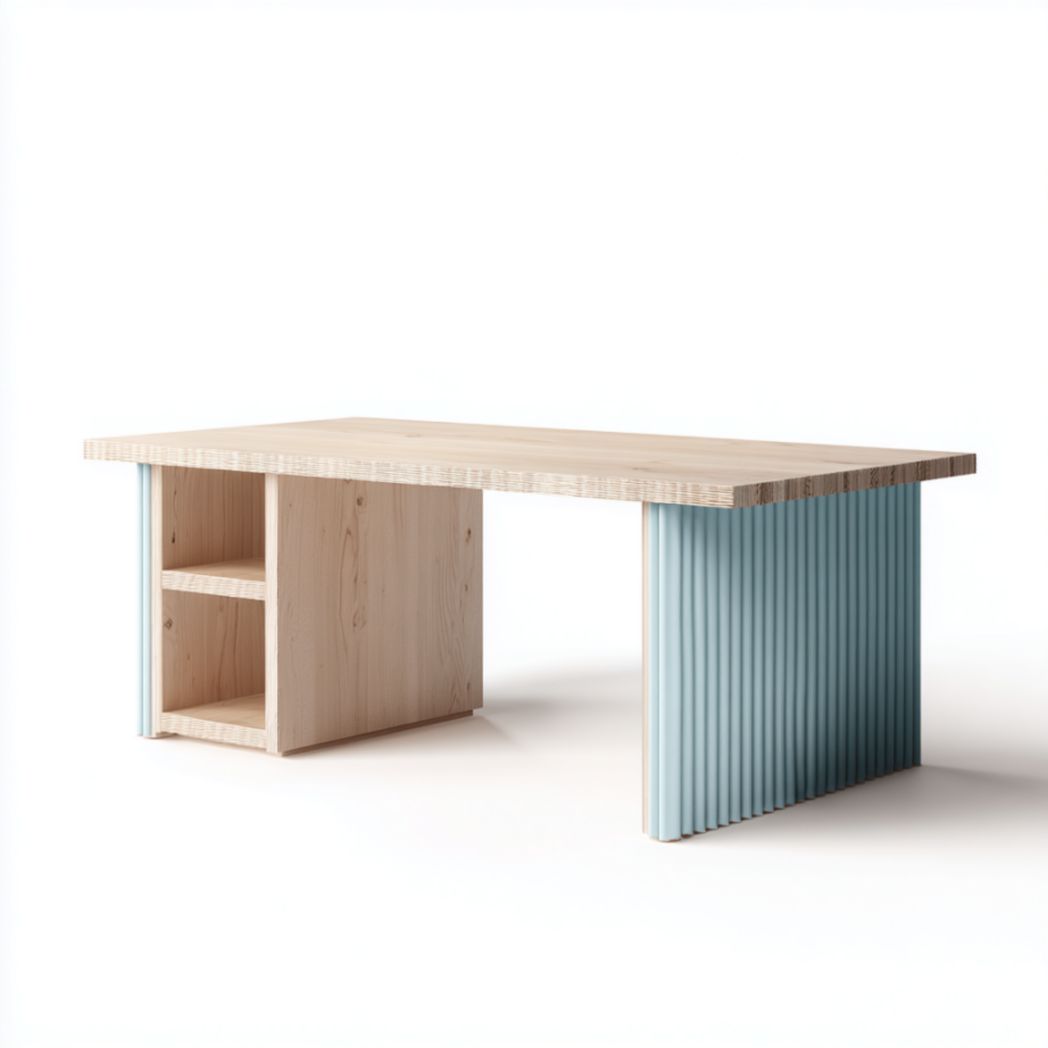Bureau en Bois de Bouleau et de Pin avec Rangement Ouvert et Panneau Cannelé Bleu-Oliverfurnitureft