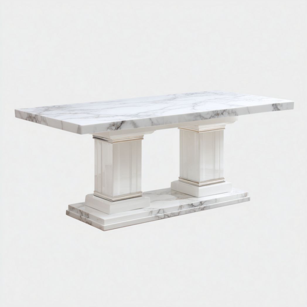 Table de Bureau avec Plateau à Effet Marbre Blanc et Double Piètement en Colonne-Oliverfurnitureft