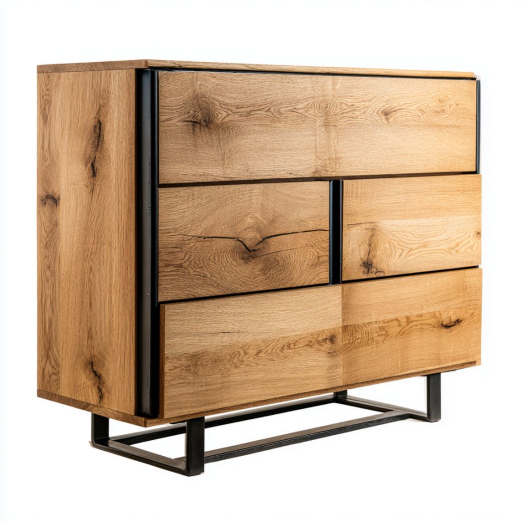 Commode en bois clair avec trois tiroirs et pieds métalliques-Oliverfurnitureft