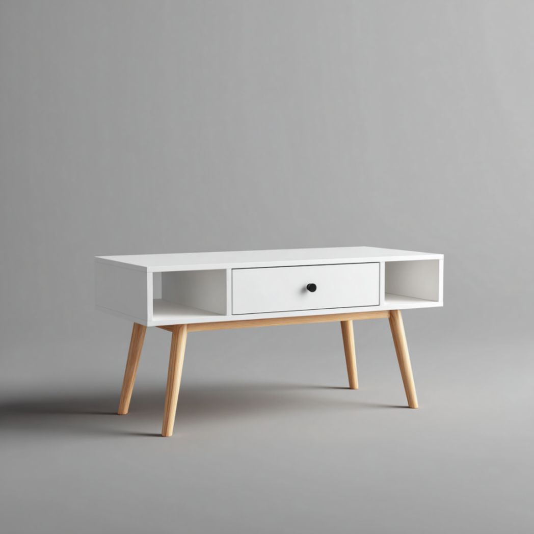 Table basse en pin blanc avec 1 tiroir et 2 niches.-Oliverfurnitureft