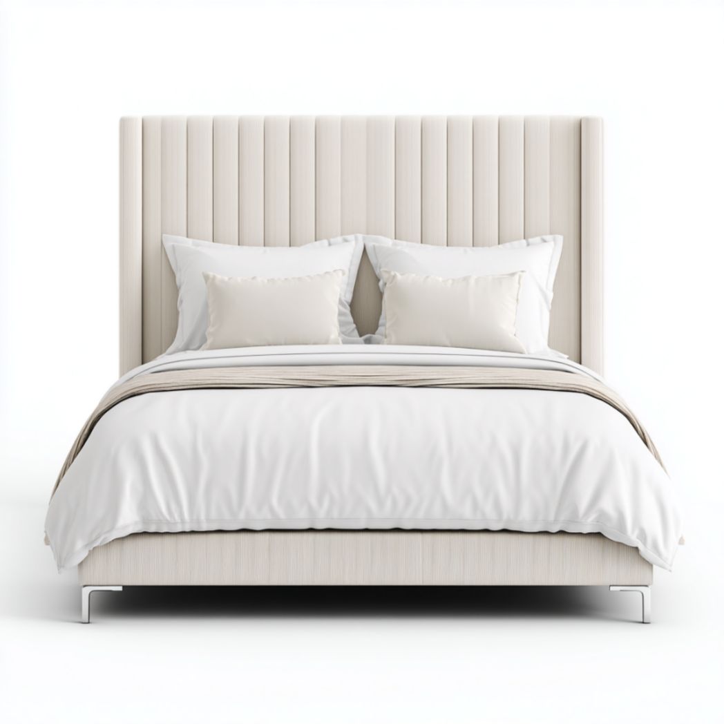 Lit Double Rembourré en Tissu Beige avec Tête de Lit à Rainures Verticales-Oliverfurnitureft