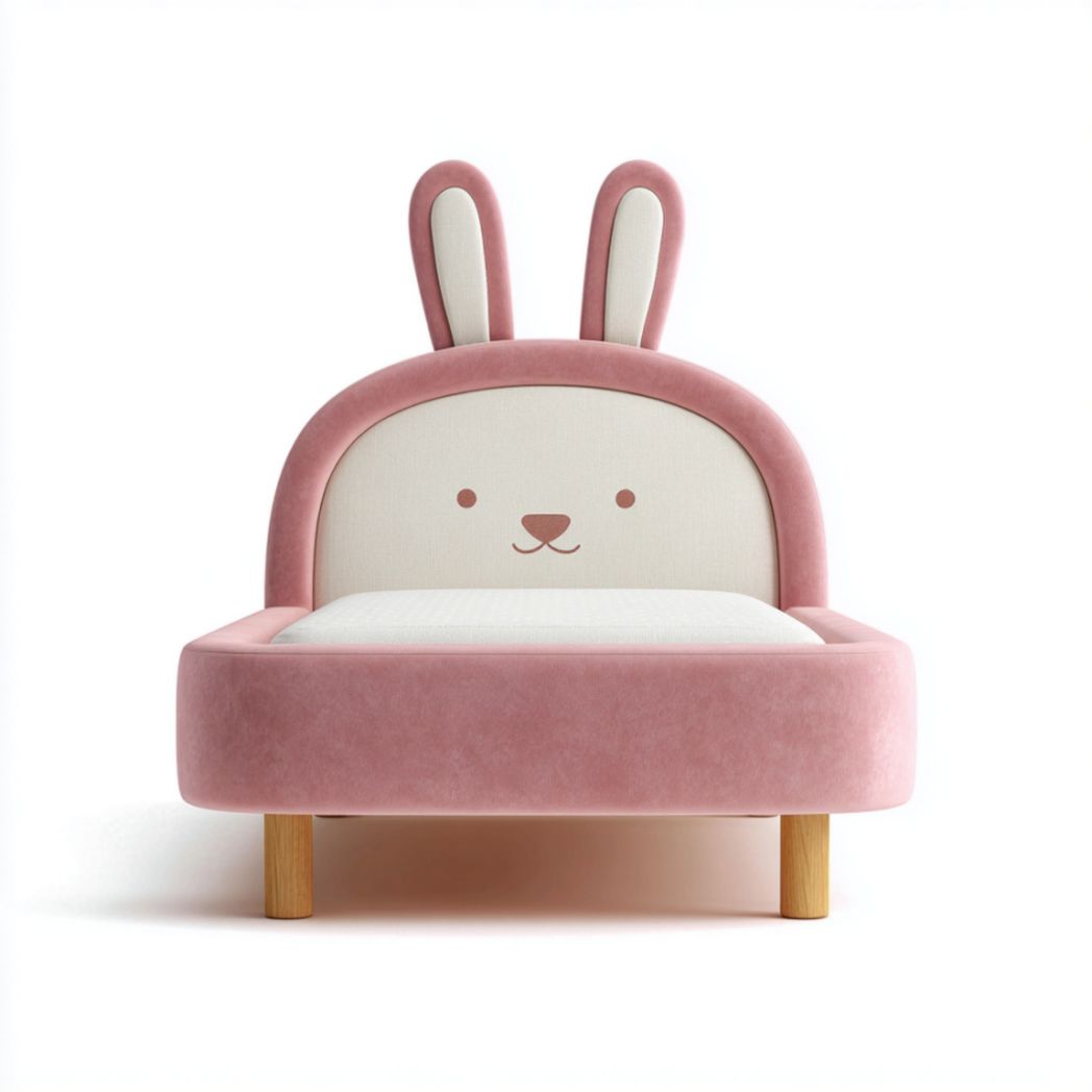 Lit Enfant Rembourré en Tissu Rose et Blanc avec Tête de Lit en Forme de Lapin-Fenixspecialft