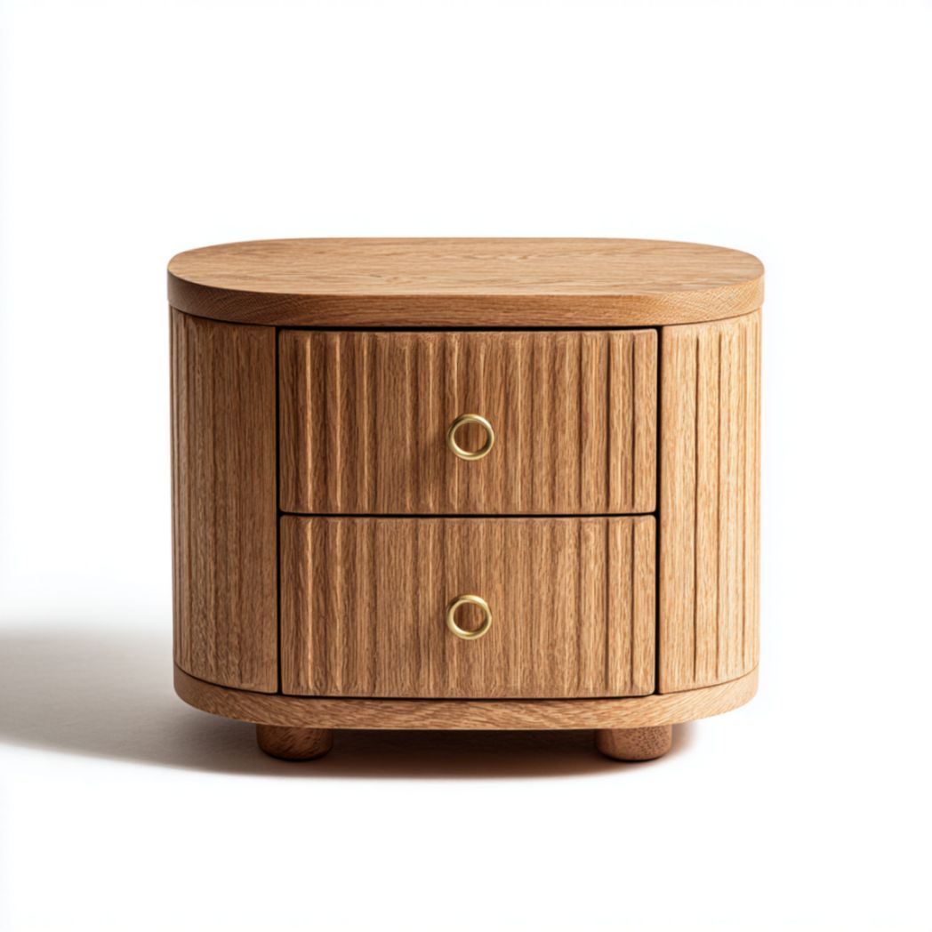 Table de Chevet Ovale en Bois de Chêne avec 2 Tiroirs à Façade Cannelée-Fenixspecialft