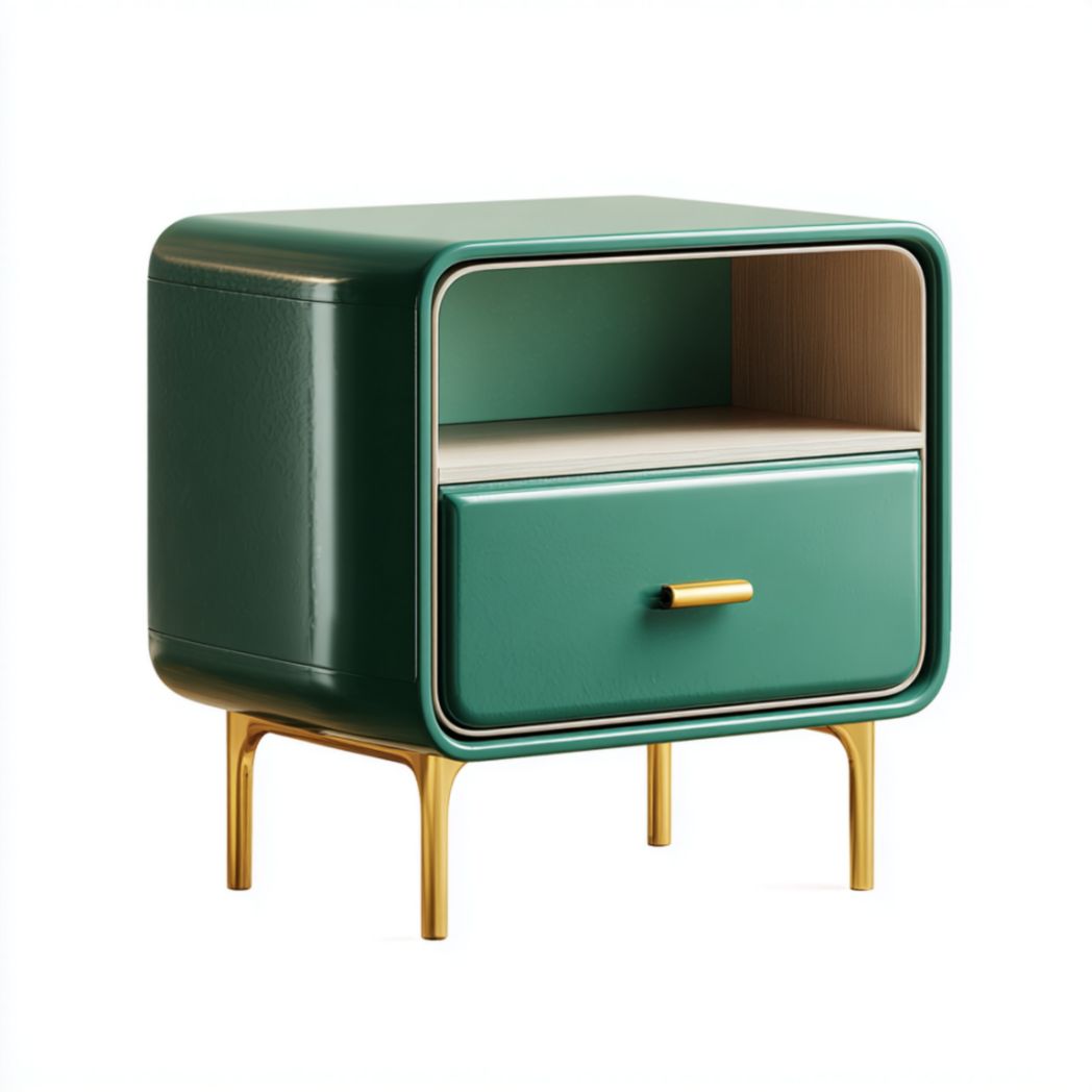 Table de Chevet à 1 Tiroir et 1 Compartiment Ouvert en Acier et Aluminium - Vert Foncé-Fenixspecialft