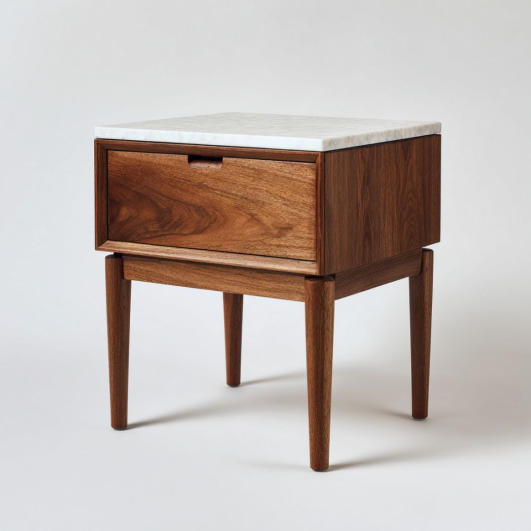 Table de Chevet à 1 Tiroir en Bois de Noyer avec Plateau en Granit - Marron et Blanc-Fenixspecialft