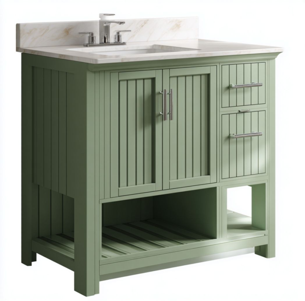 Meuble de Salle de Bain à 2 Portes et 2 Tiroirs en Bois de Bouleau avec Plateau en Granit - Vert-Fenixspecialft