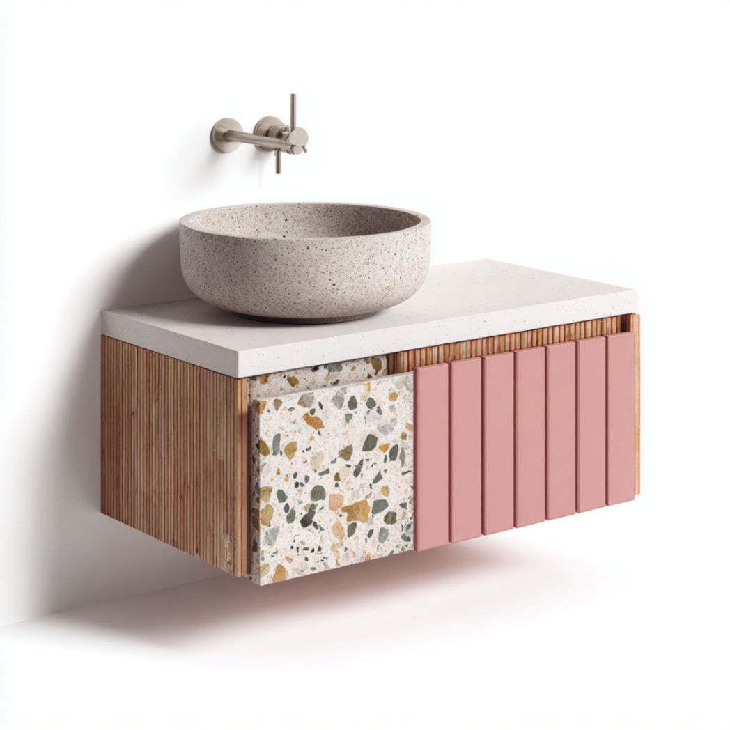 Meuble de Salle de Bain Suspendu à 1 Tiroir en Bois de Chêne avec Vasque en Terrazzo - Multicolore-Fenixspecialft