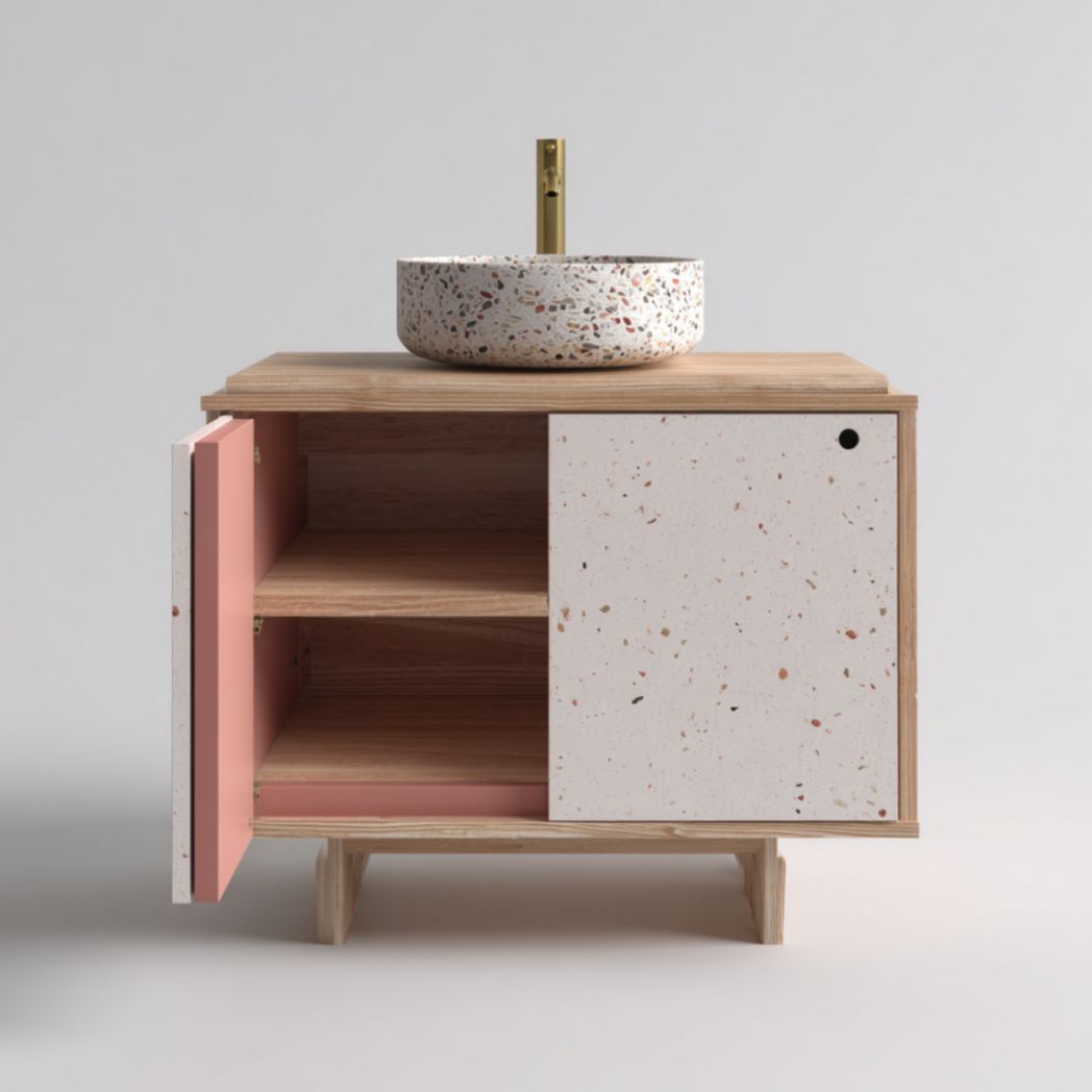 Meuble de Salle de Bain à 2 Portes en Bois de Chêne avec Vasque en Terrazzo - Naturel et Rose-Fenixspecialft