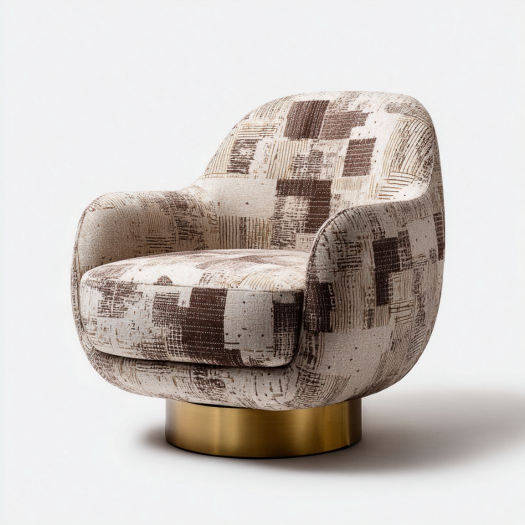 Fauteuil Pivotant en Tissu Imprimé avec Socle en Acier Inoxydable Doré-Fenixspecialft