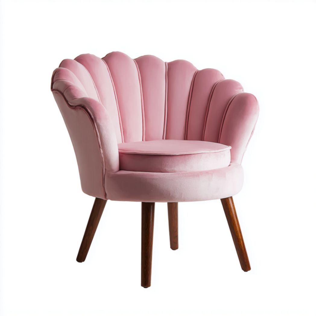 Fauteuil en Tissu Doux avec Dossier en Forme de Pétale et Pieds en Bois de Pin-Fenixspecialft