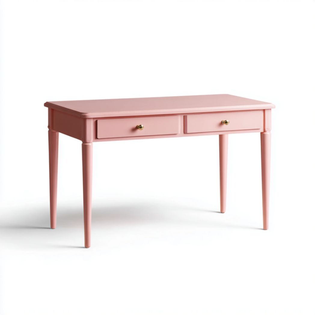 Bureau d'Étude Rose à 2 Tiroirs avec Pieds Tournés en Bois de Peuplier et d'Hévéa-Fenixspecialft