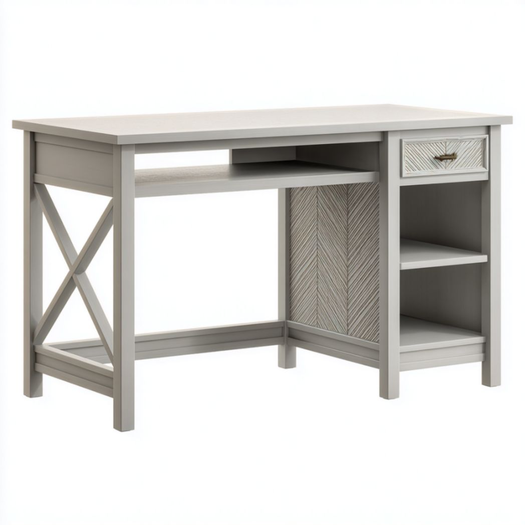 Bureau en Bois de Pin et de Peuplier avec 1 Tiroir, Étagères Ouvertes et Panneau à Motif Chevrons Gris-Fenixspecialft