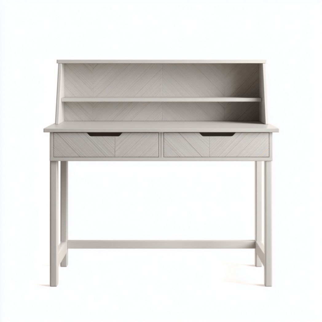 Bureau en Bois de Pin et de Peuplier avec Bibliothèque Intégrée et 2 Tiroirs à Motif Chevrons Gris-Fenixspecialft