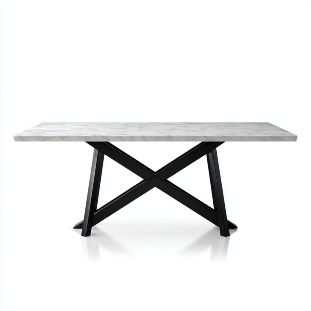 Table de Bureau avec Plateau à Effet Marbre Blanc et Pieds en X en Acier Noir-Fenixspecialft