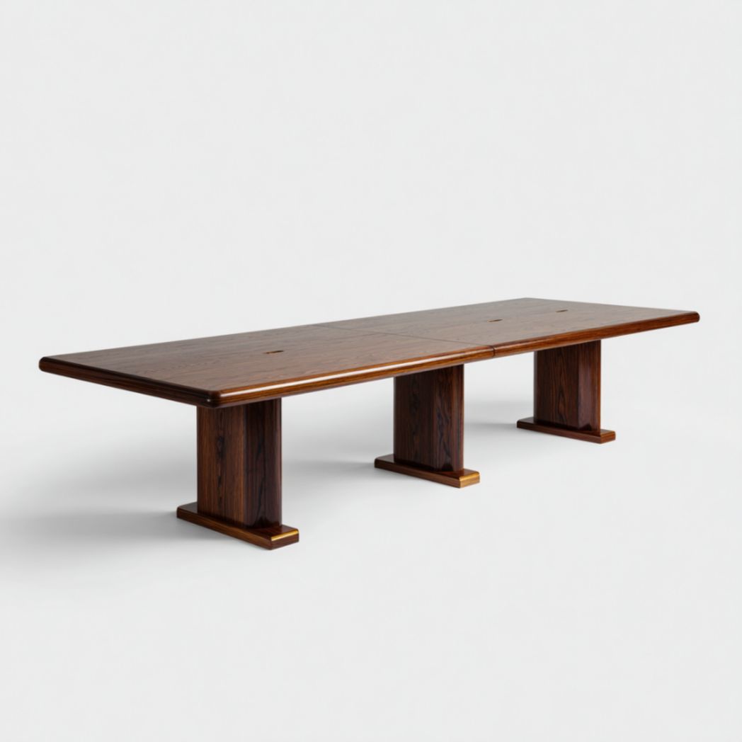 Grande Table de Conférence en Bois de Chêne et de Noyer avec Triple Piétement en Colonne-Fenixspecialft