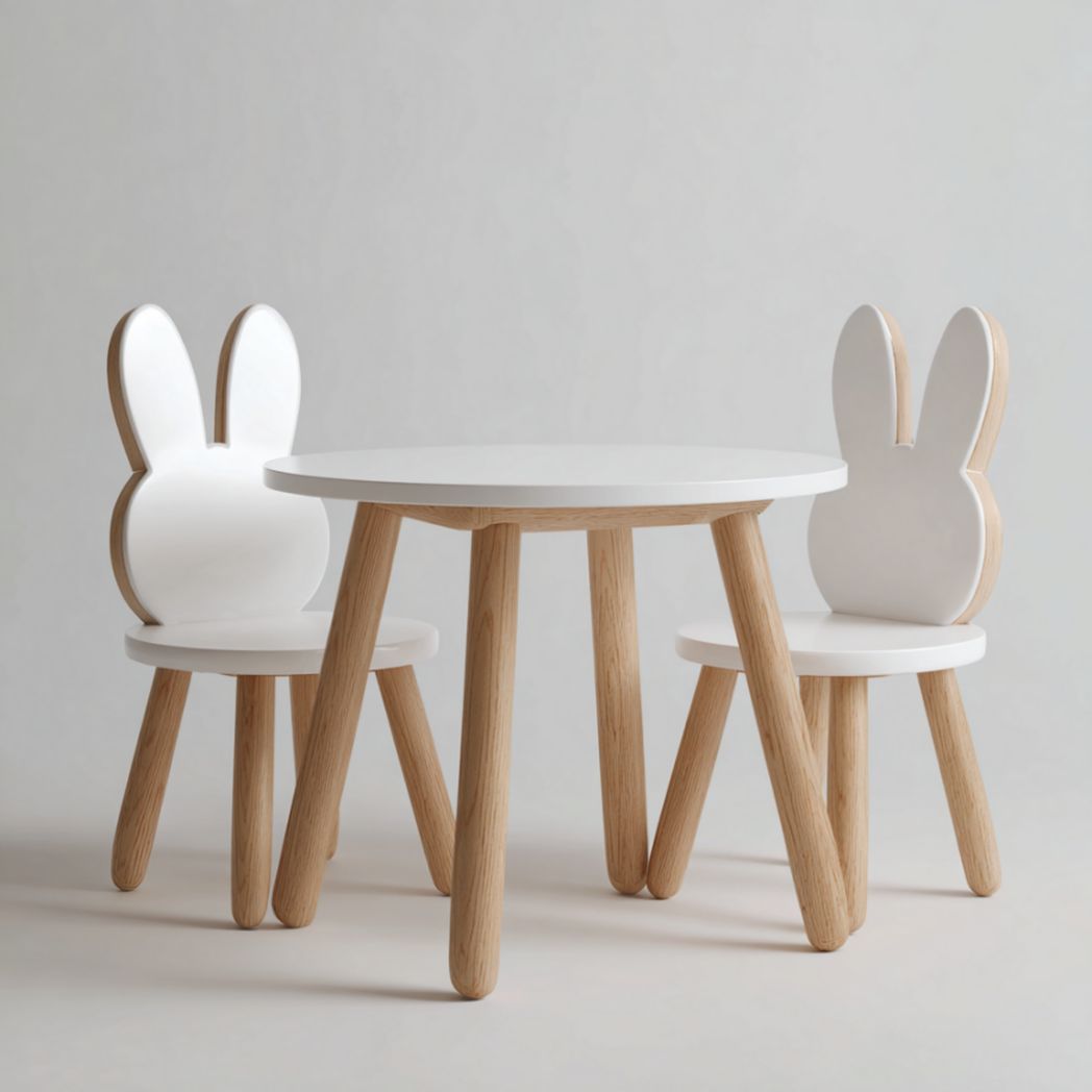 Ensemble de Table Ronde et 2 Chaises pour Enfant en Bois de Hêtre avec Dossier Oreilles de Lapin-Fenixspecialft