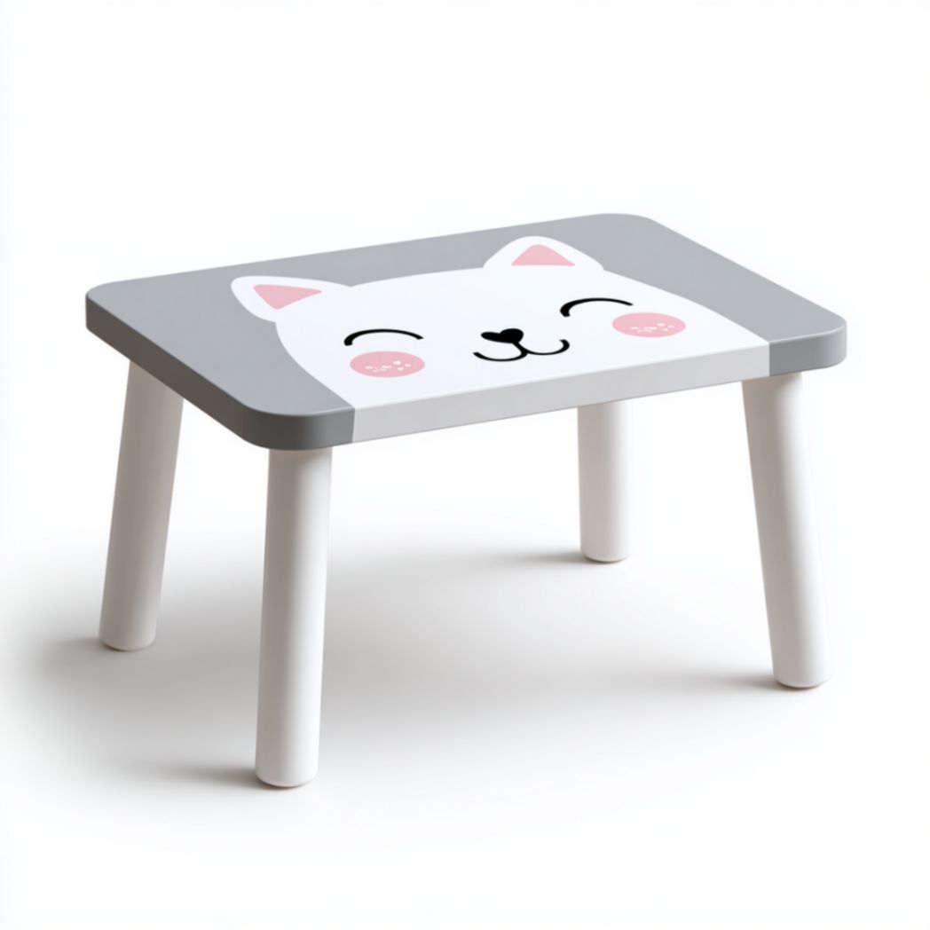 Petite Table pour Enfant en Bois de Pin et de Peuplier avec Motif Chat Gris et Blanc-Fenixspecialft