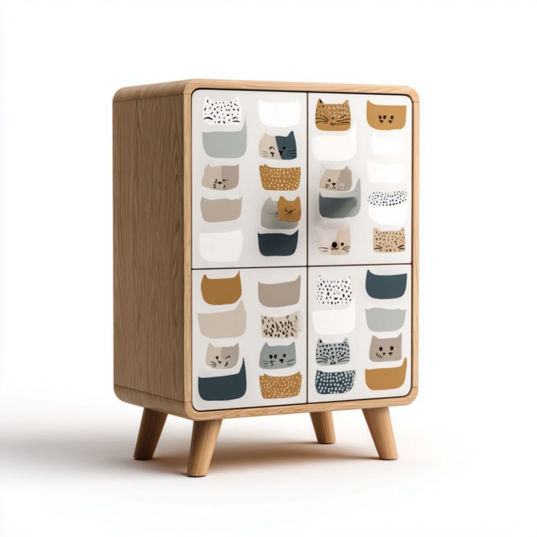 Commode de Rangement pour Enfant avec 4 Portes à Motifs Chats en Bois de Chêne et Hêtre-Fenixspecialft