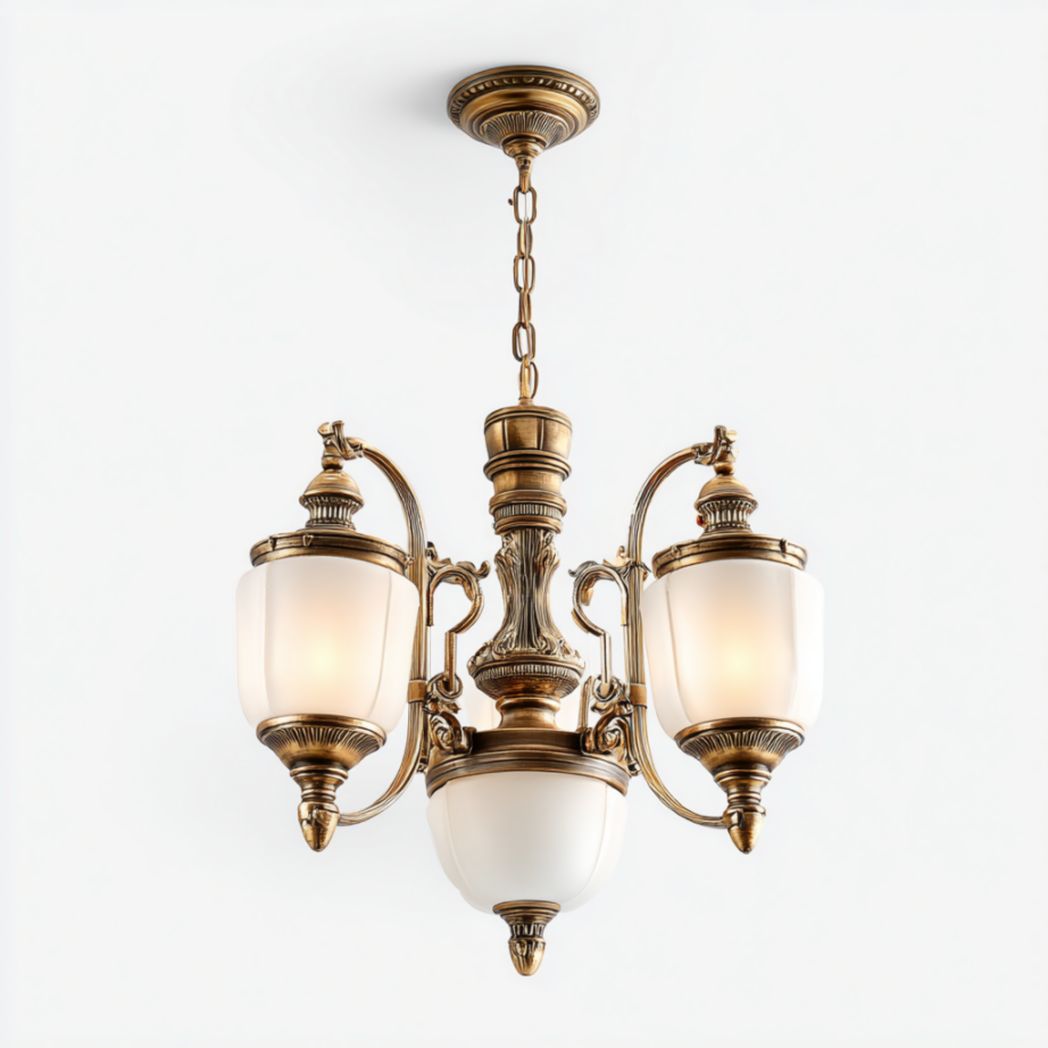 Suspension à 3 lumières avec abat-jours en verre et finition dorée-Fenixspecialft