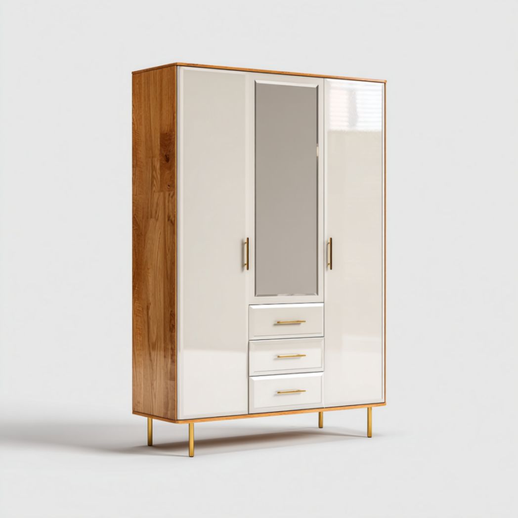 Armoire à trois portes avec miroir et tiroirs, pieds métalliques-Fenixspecialft