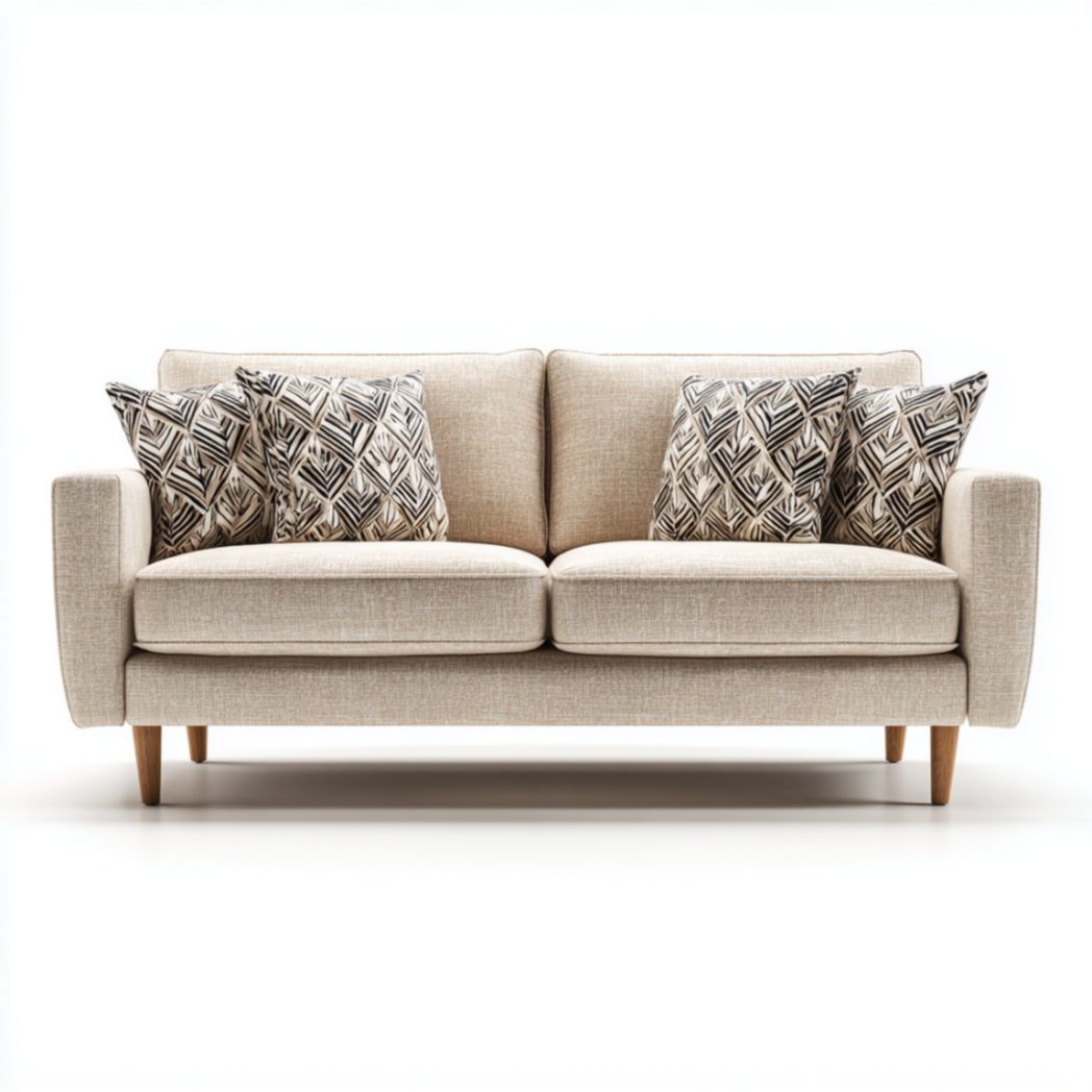 Canapé trois places en tissu beige avec coussins décoratifs et pieds en bois.-Fenixspecialft