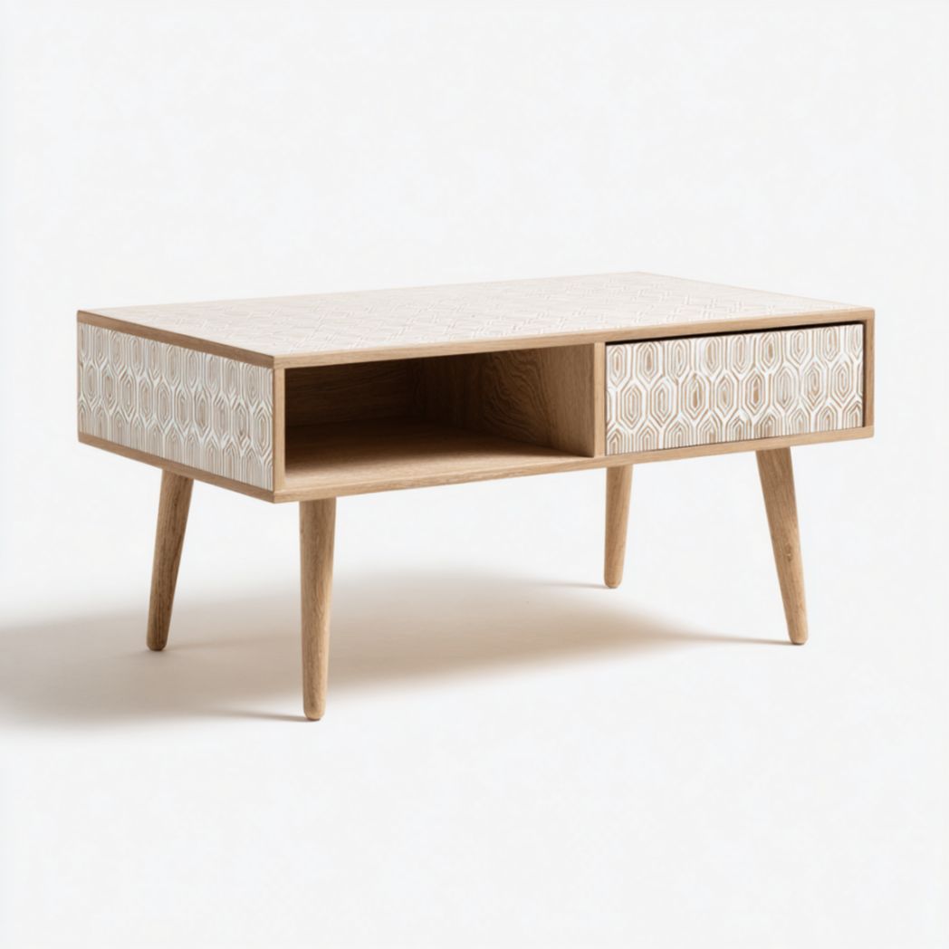 Table Basse Rectangulaire en Bois de Chêne avec Tiroir à Motifs Géométriques-Fenixspecialft