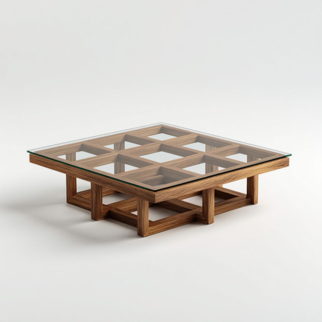 Table Basse Carrée en Verre Trempé et Structure Géométrique en Noyer-Fenixspecialft