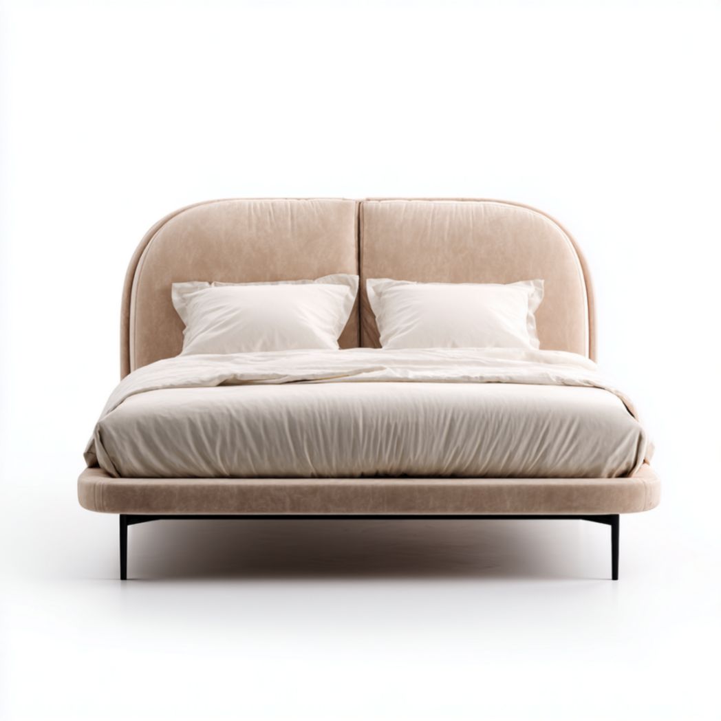 Cadre de Lit Double Rembourré en Tissu Beige avec Tête de Lit en Deux Parties-Woodworkft